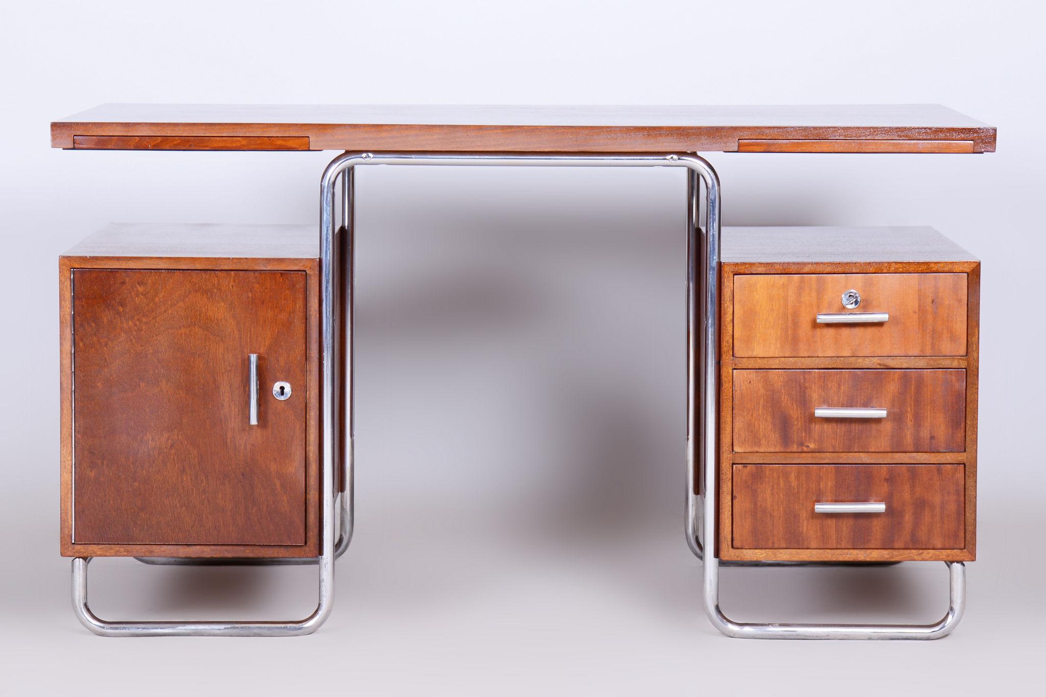 Restored Bauhaus Beech Writing Desk, Hynek Gottwald, Chrome, Czechia, 1930s For Sale 9