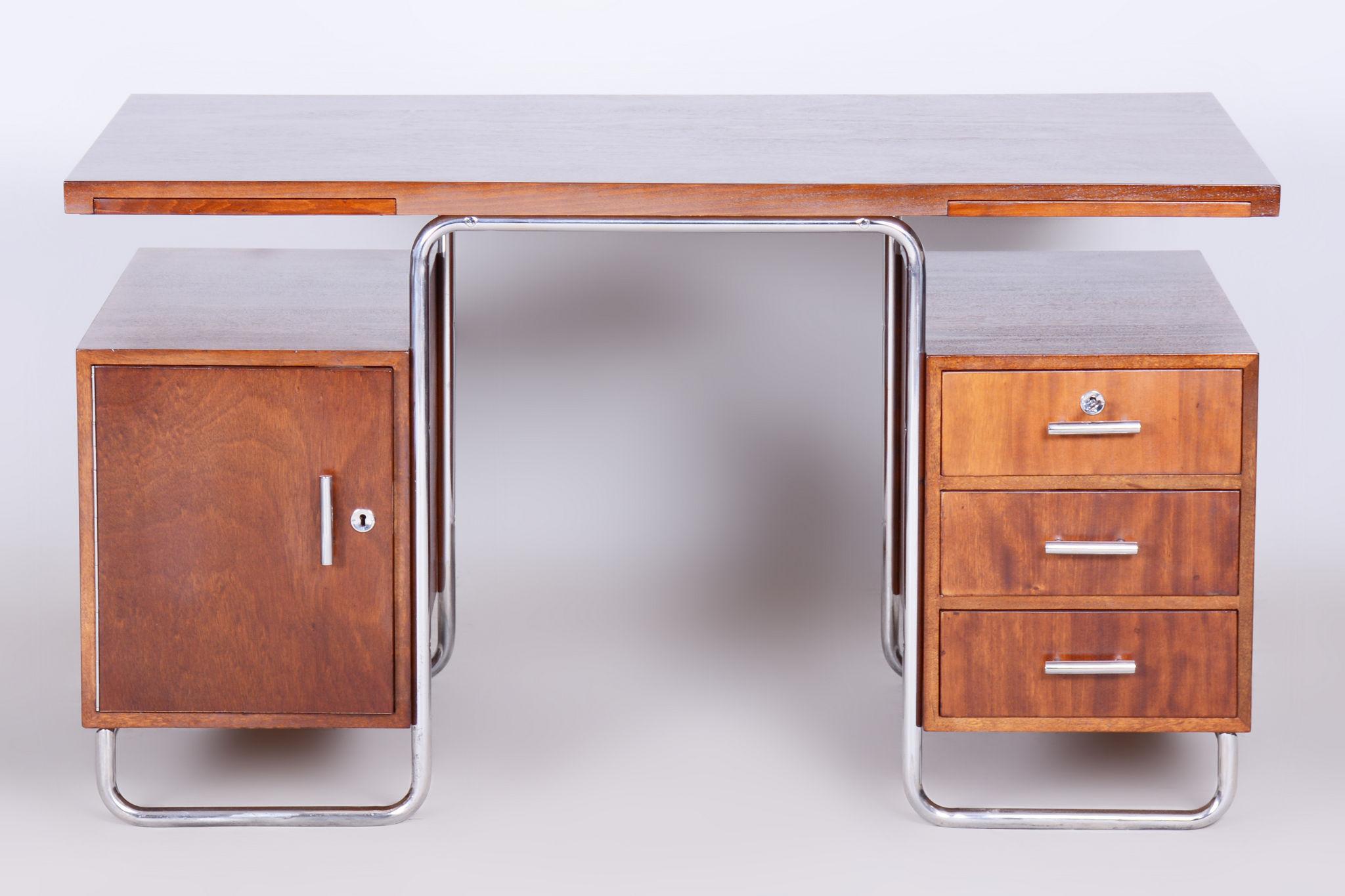 Restored Bauhaus Beech Writing Desk, Hynek Gottwald, Chrome, Czechia, 1930s For Sale 10