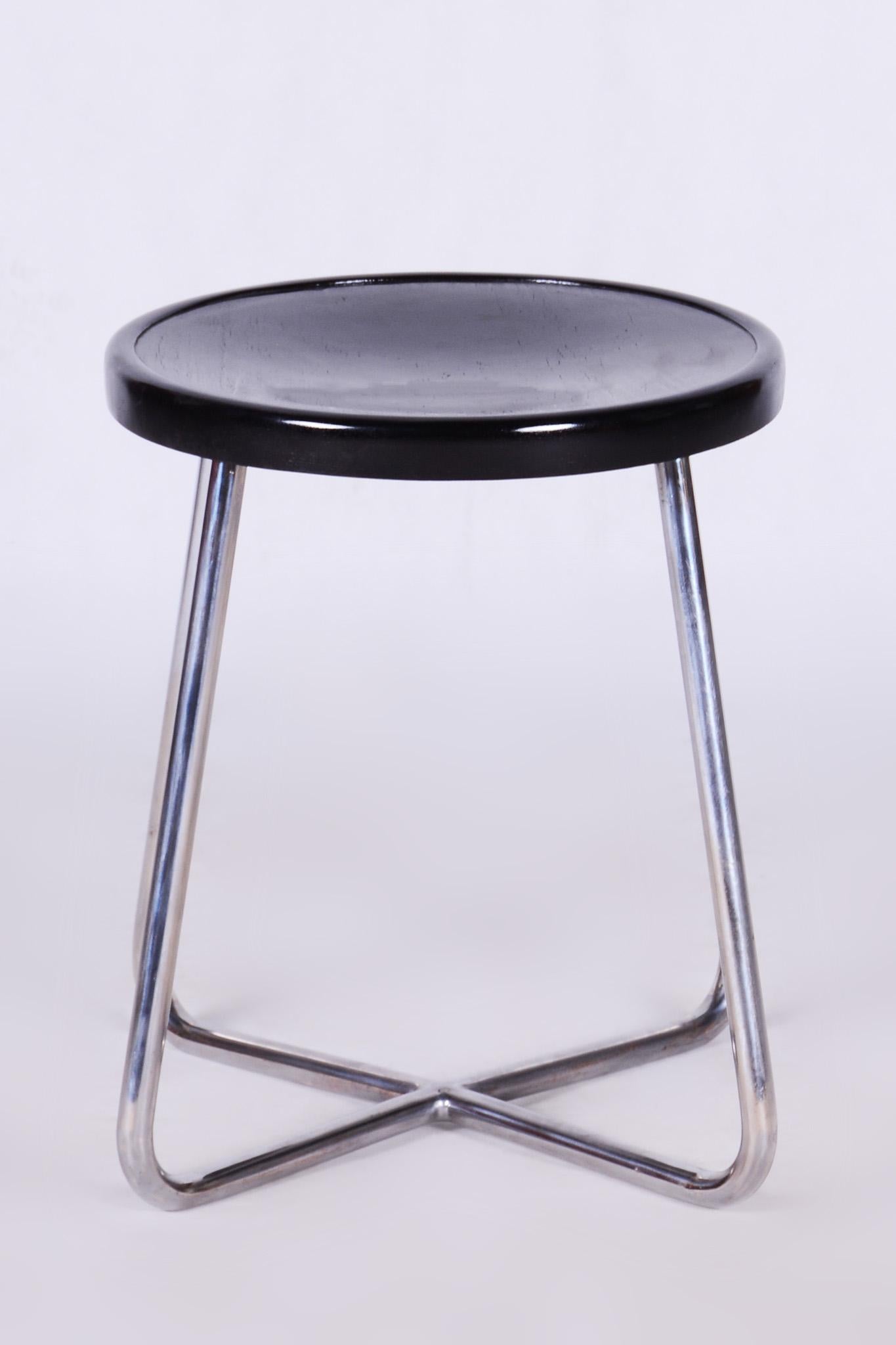 Metal Restored Bauhaus Black Stool, Beech, Chrome-Plated Steel, Czechia, 1930s For Sale