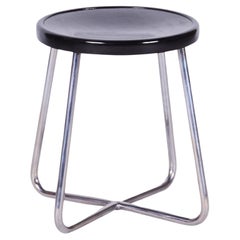 Vintage Restored Bauhaus Black Stool, Beech, Chrome-Plated Steel, Czechia, 1930s