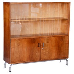 Antique Restored Bauhaus Bookcase, Robert Slezák, Walnut and Chrome Plated Steel, 1930s