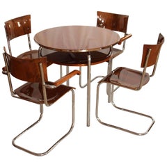 Restored Bauhaus Cantilever Seating Group, Walnut and Chrome, Czech, circa 1930