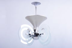 Restored Bauhaus Chandelier, by F. Anýž, Chrome, Sandblasted Glass, Czech, 1930s