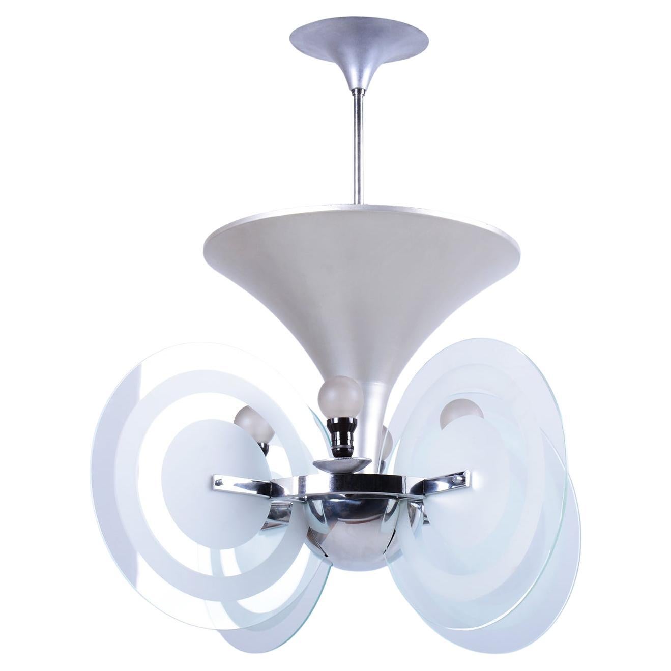 Restored Bauhaus Chandelier, by F. Anýž, Chrome, Sandblasted Glass, Czech, 1930s