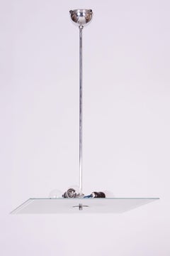 Restored Bauhaus Chandelier, Chrome-Plated Steel, Frosted Glass, Czech, 1930s