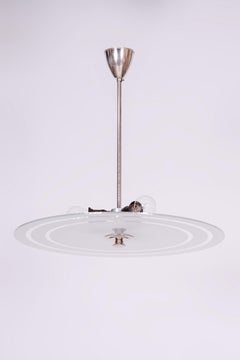 Restored Bauhaus Chandelier, Chrome-Plated Steel, Milk Glass, Czech, 1930s