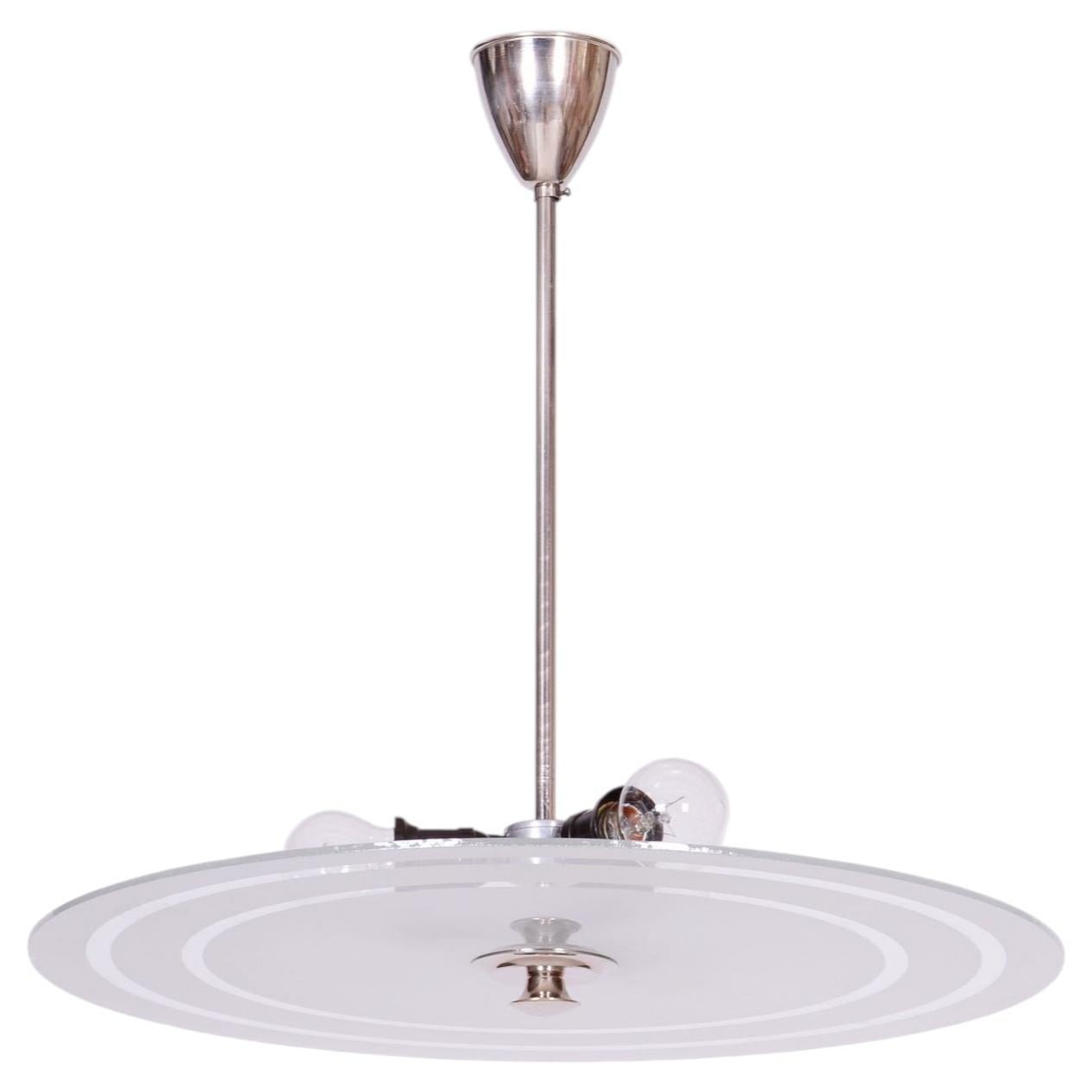 Restored Bauhaus Chandelier, Chrome-Plated Steel, Milk Glass, Czech, 1930s For Sale