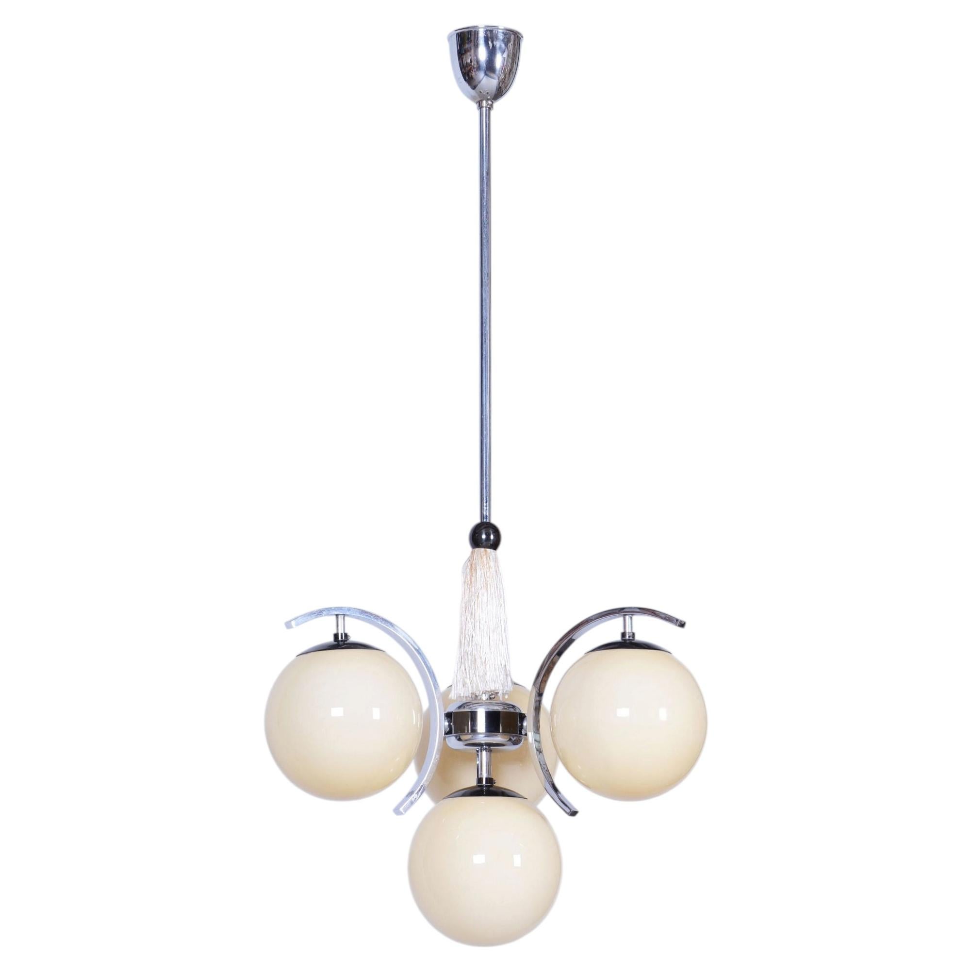 Restored Bauhaus Chandelier, Chrome-Plated Steel, Opaline Glass, Czech, 1920s