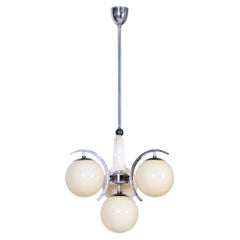 Lampadario Bauhaus restaurato, acciaio cromato, vetro opalino, ceco, anni '1920