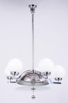 Restored Bauhaus Chandelier, Chrome-Plated Steel, Opaline Glass, Czech, 1930s