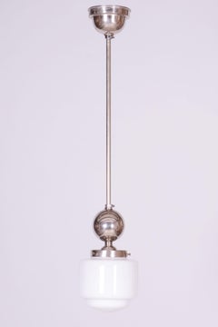 Restored Bauhaus Chandelier, Chrome-Plated Steel, Opaline Glass, Czech, 1930s
