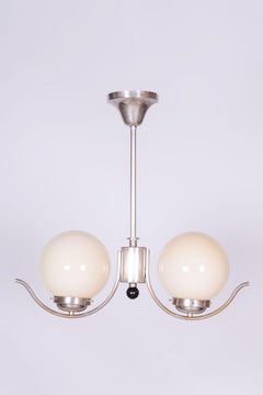 Restored Bauhaus Chandelier, Chrome-Plated Steel, Opaline Glass, Czech, 1930s