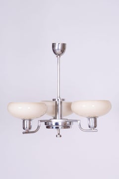 Restored Bauhaus Chandelier, Chrome-Plated Steel, Opaline Glass, Czech, 1930s