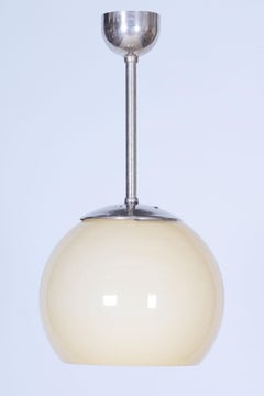 Restored Bauhaus Chandelier, Chrome-Plated Steel, Opaline Glass, Czech, 1930s
