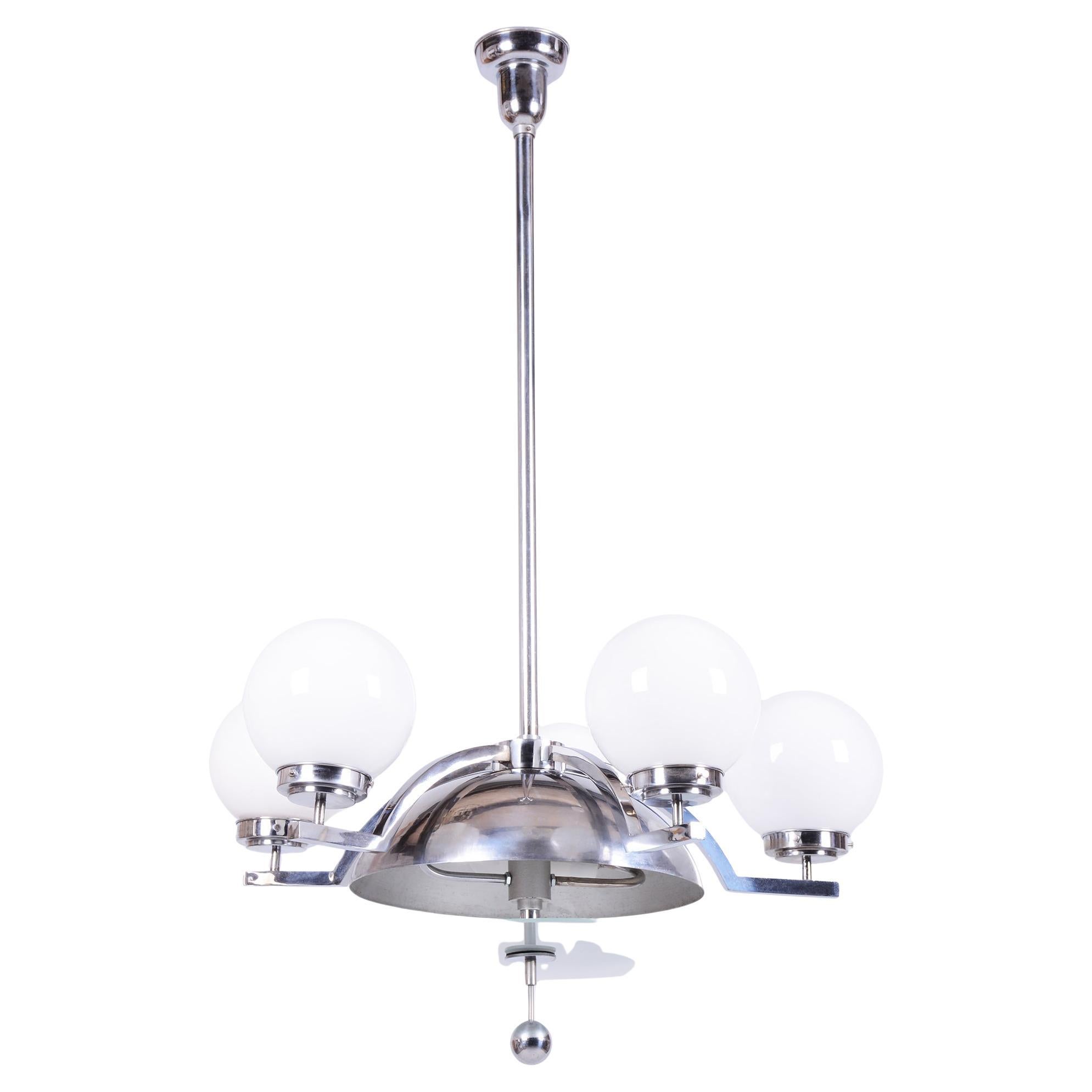 Restored Bauhaus Chandelier, Chrome-Plated Steel, Opaline Glass, Czech, 1930s