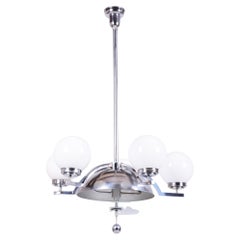 Restored Bauhaus Chandelier, Chrome-Plated Steel, Opaline Glass, Czech, 1930s