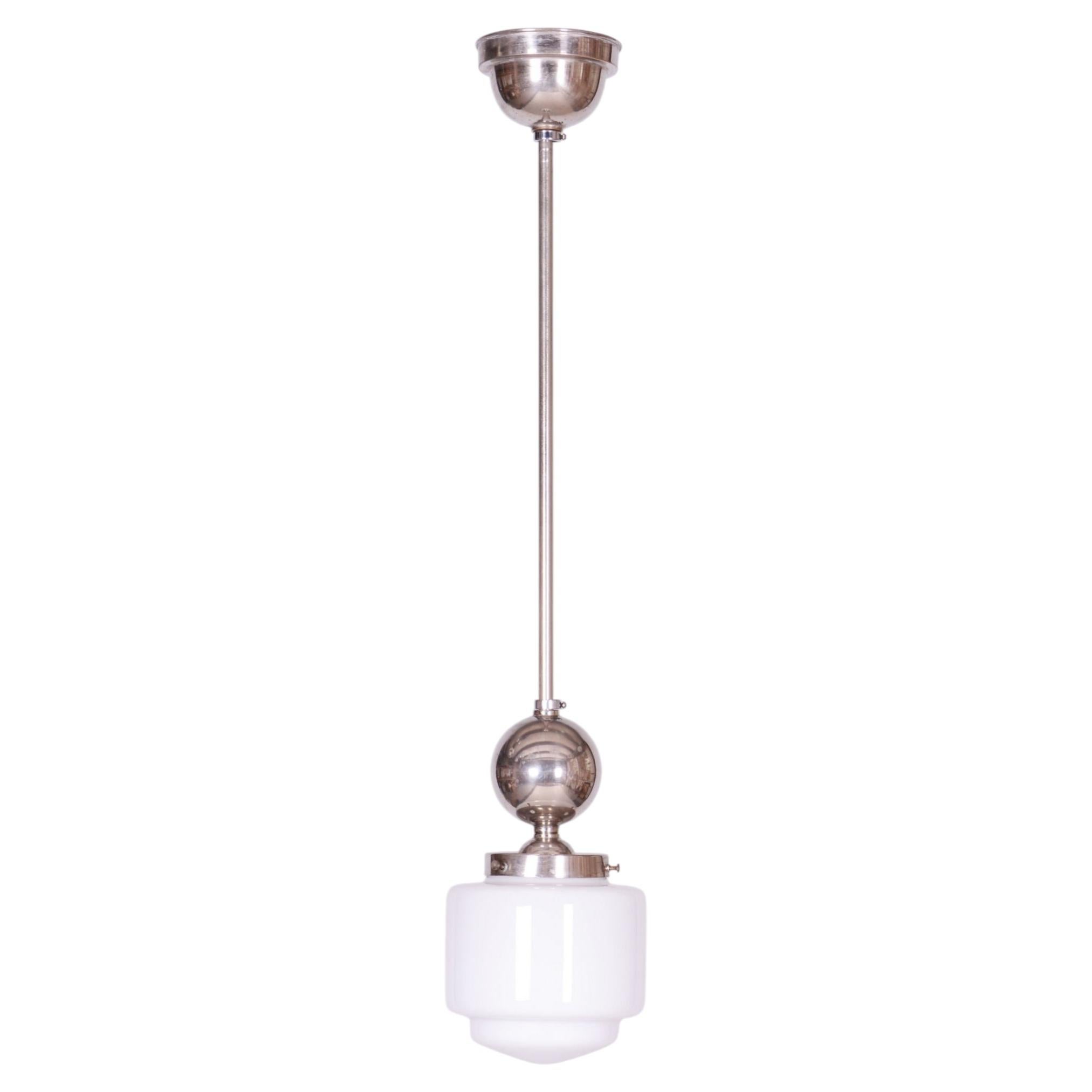 Restored Bauhaus Chandelier, Chrome-Plated Steel, Opaline Glass, Czech, 1930s