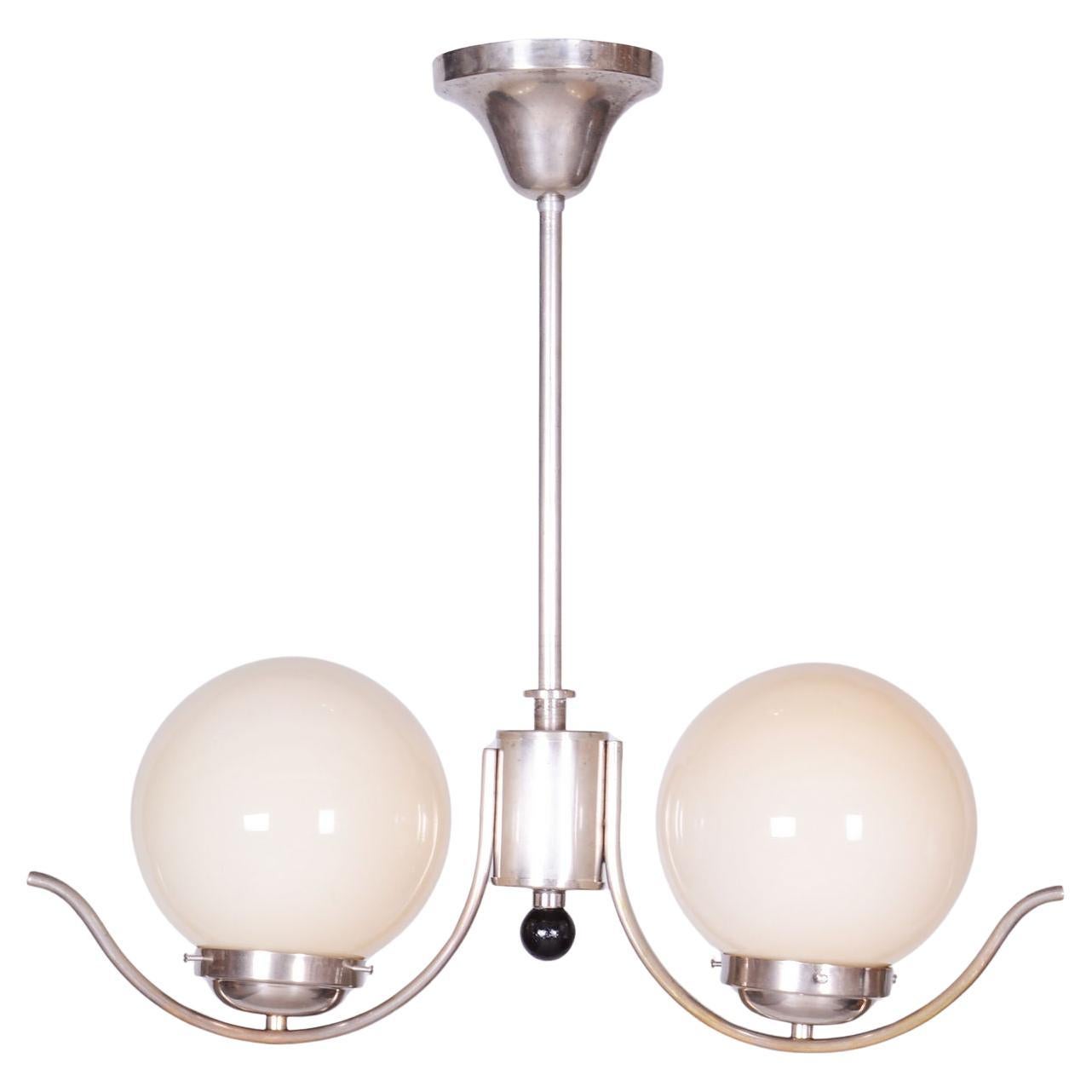 Restored Bauhaus Chandelier, Chrome-Plated Steel, Opaline Glass, Czech, 1930s