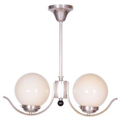 Restored Bauhaus Chandelier, Chrome-Plated Steel, Opaline Glass, Czech, 1930s