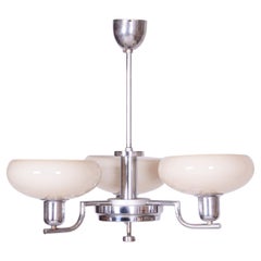 Restored Bauhaus Chandelier, Chrome-Plated Steel, Opaline Glass, Czech, 1930s