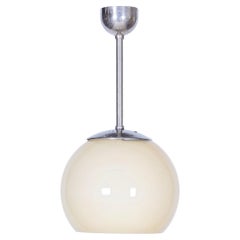 Restored Bauhaus Chandelier, Chrome-Plated Steel, Opaline Glass, Czech, 1930s