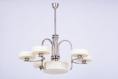 Restored Bauhaus Chandelier, Nickel-Plated Steel, Opaline Glass, Czech, 1920s