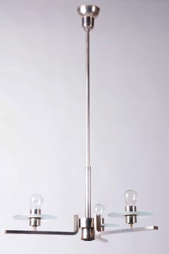 Restored Bauhaus Chandelier, Nickel-Plated Steel, Opaline Glass, Czech, 1930s