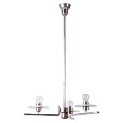 Restored Bauhaus Chandelier, Nickel-Plated Steel, Opaline Glass, Czech, 1930s