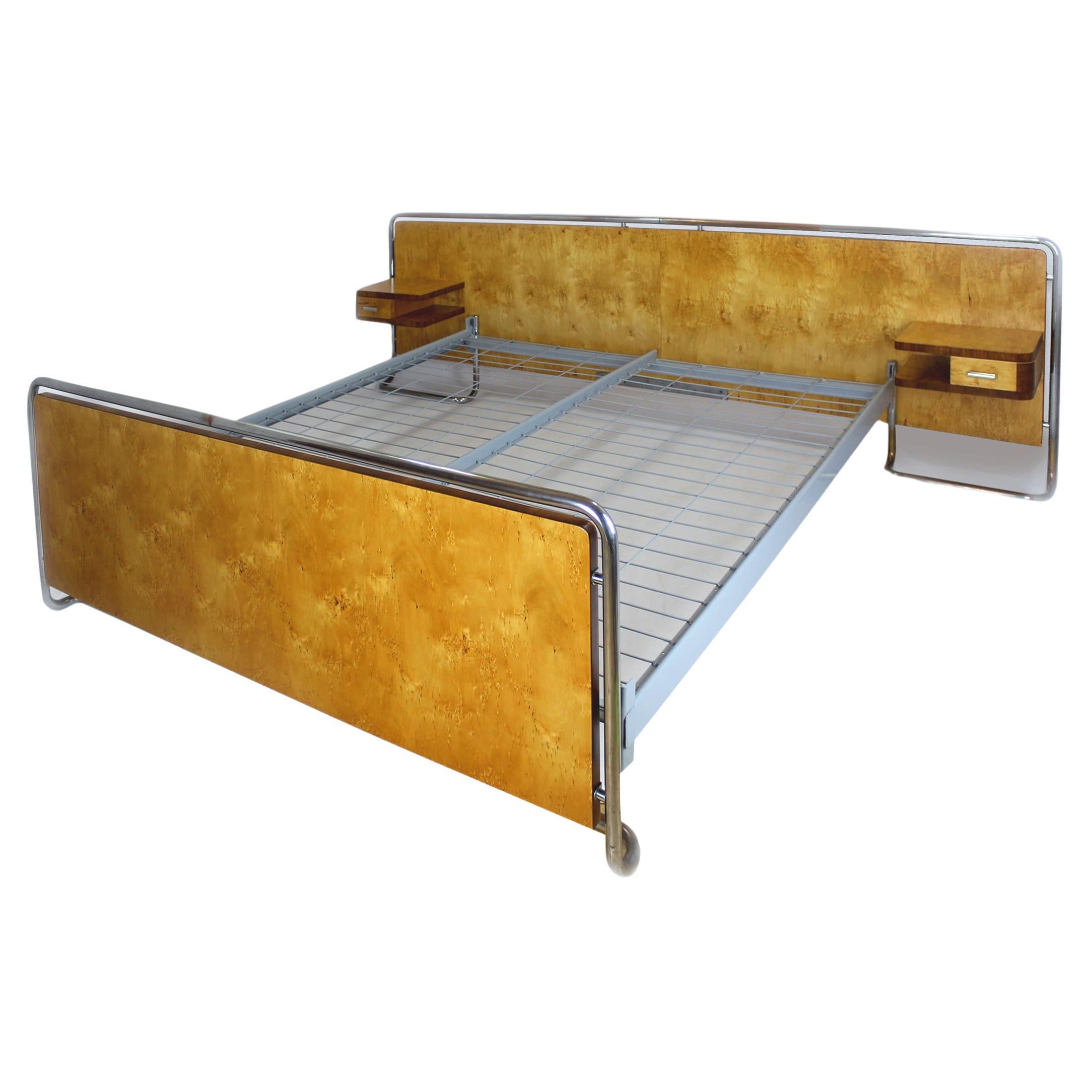 Restored Bauhaus Chromed Tubular Steel Bed with Nightstands from R. Vichr, 1940s For Sale