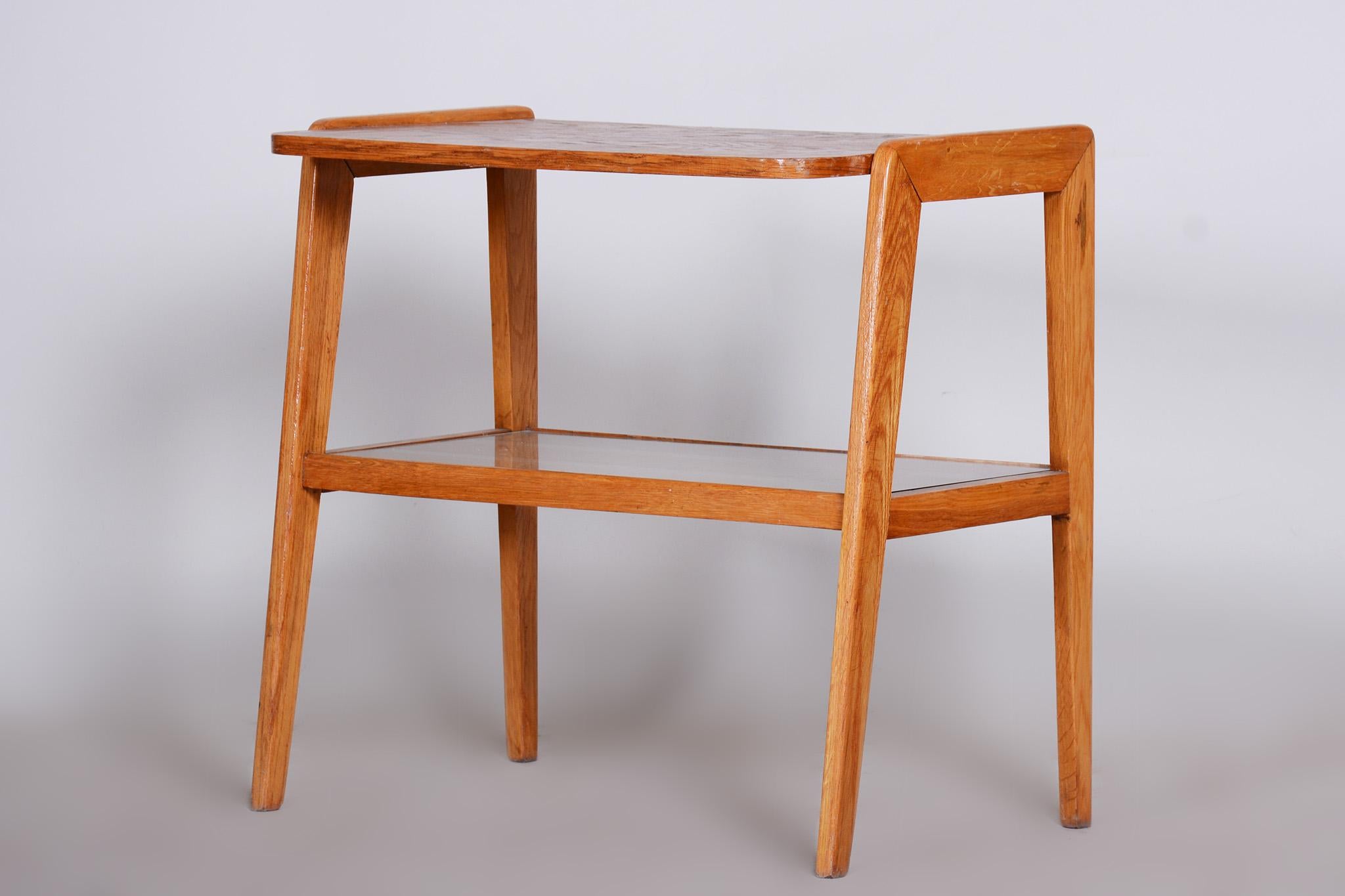Wood Restored Bauhaus Console Table, Oak and Glass, Refreshed Polish, Czechia, 1950s For Sale