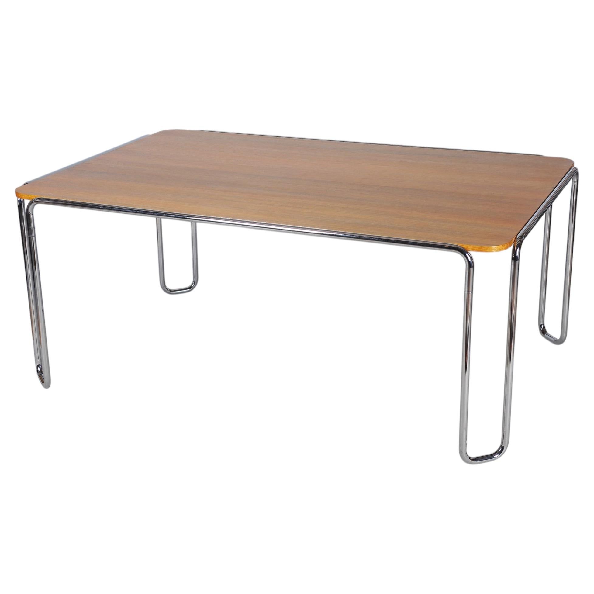 Restored Bauhaus Dining Table, by R. Slezák, Chrome, Polished Oak, Czech, 1930s