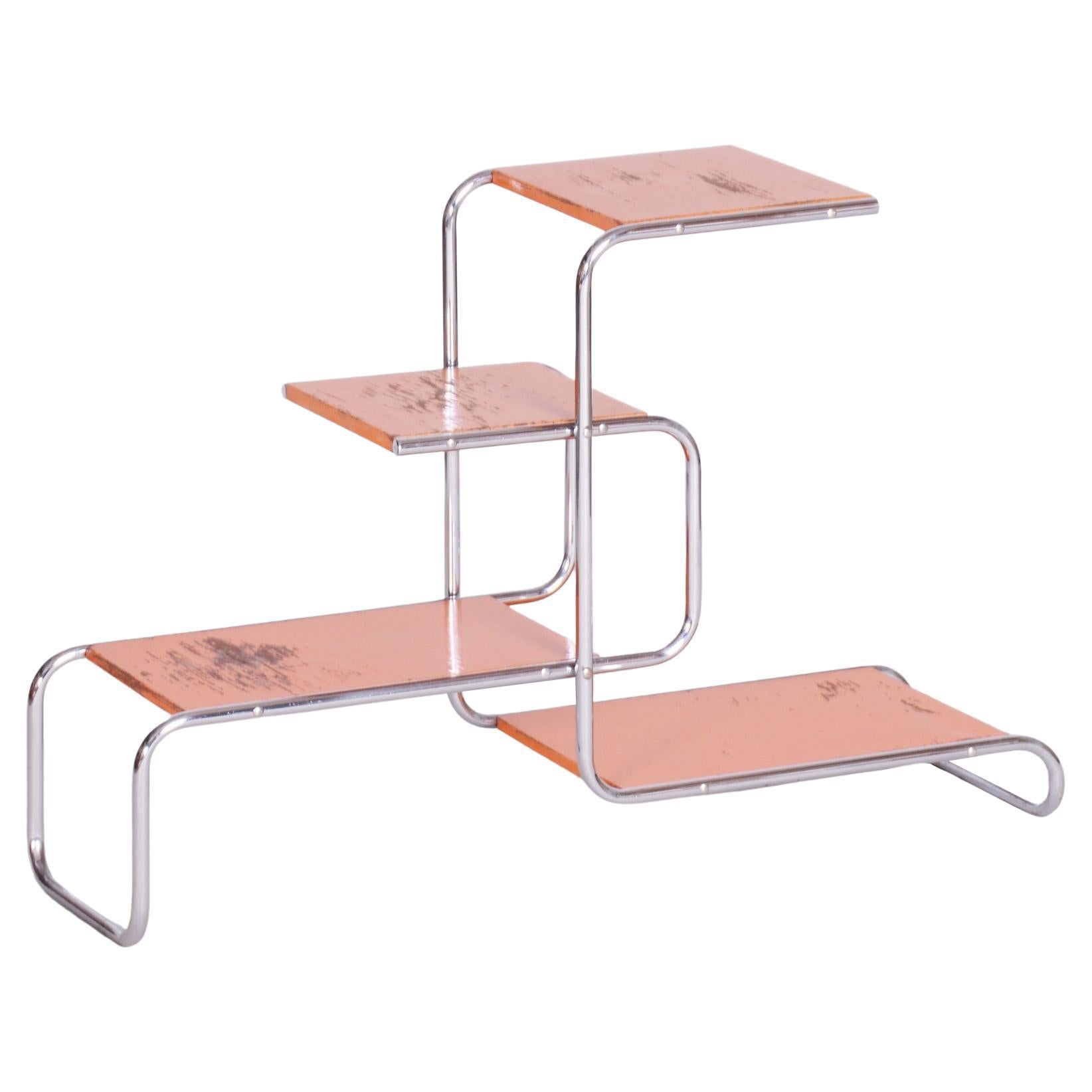 Étagère Bauhaus restaurada, acero cromado, madera lacada, Chequia, años 30