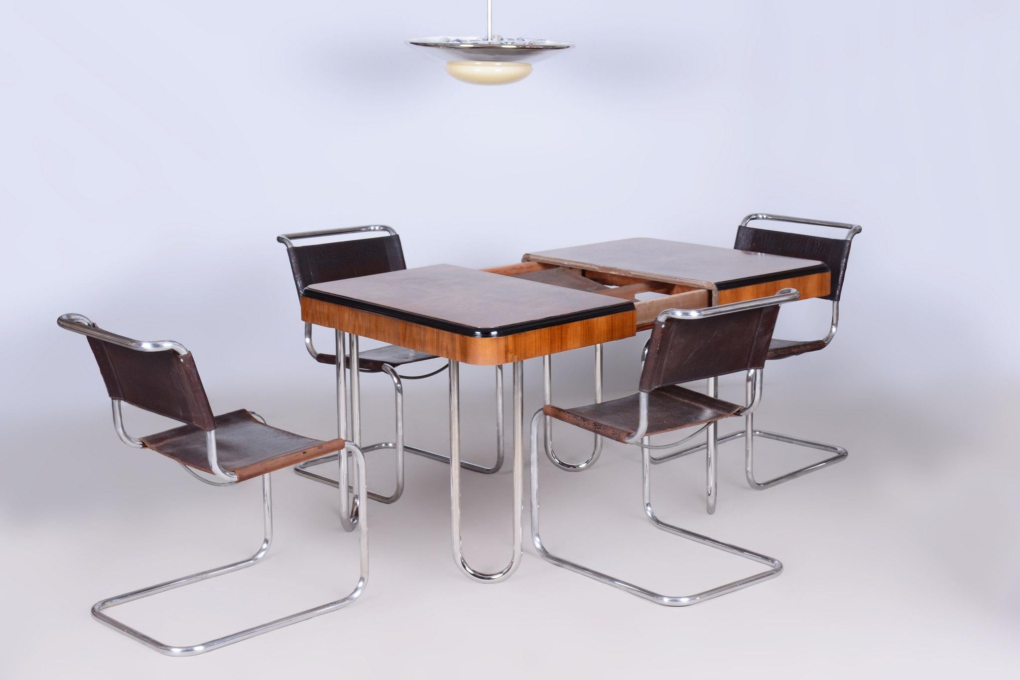 Restored Bauhaus Extendable Dining Table, Walnut Veneer, Chrome, Czech, 1930s 6