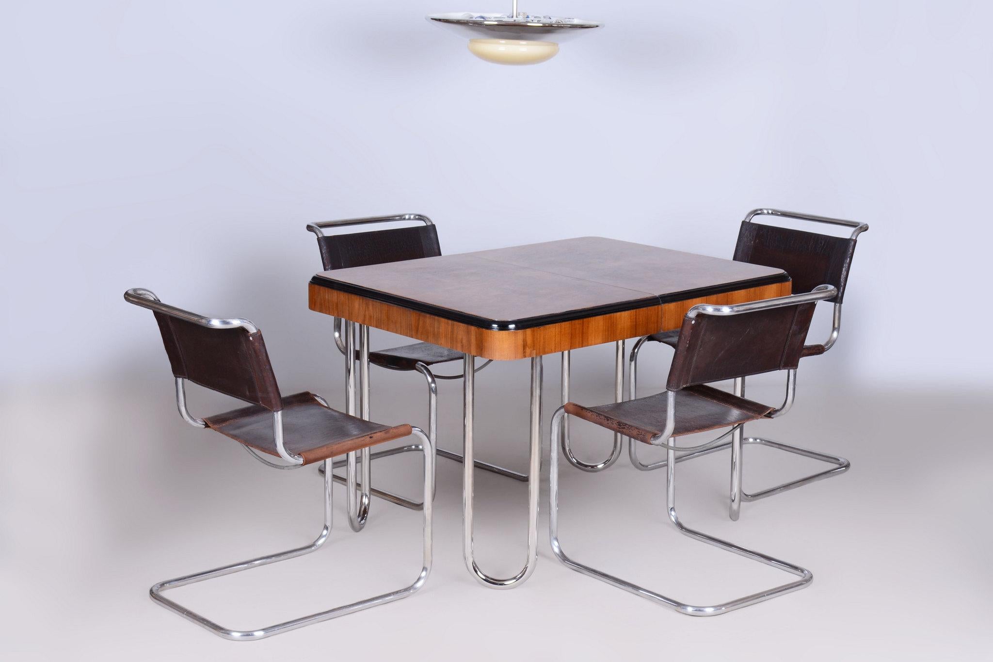 Restored Bauhaus Extendable Dining Table, Walnut Veneer, Chrome, Czech, 1930s 7