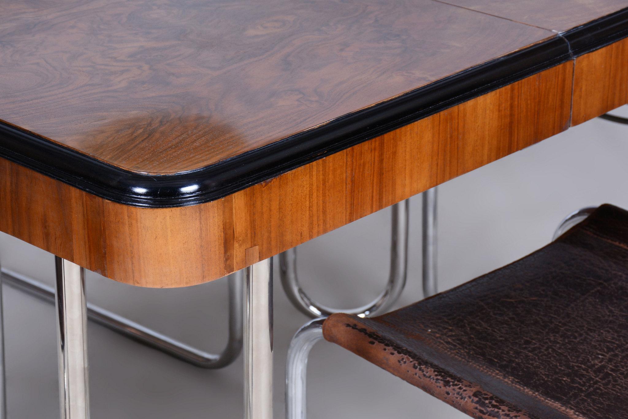 Restored Bauhaus Extendable Dining Table, Walnut Veneer, Chrome, Czech, 1930s 8