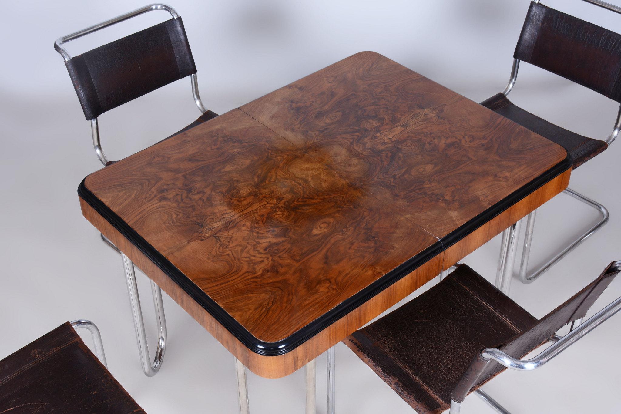 Restored Bauhaus Extendable Dining Table, Walnut Veneer, Chrome, Czech, 1930s 9