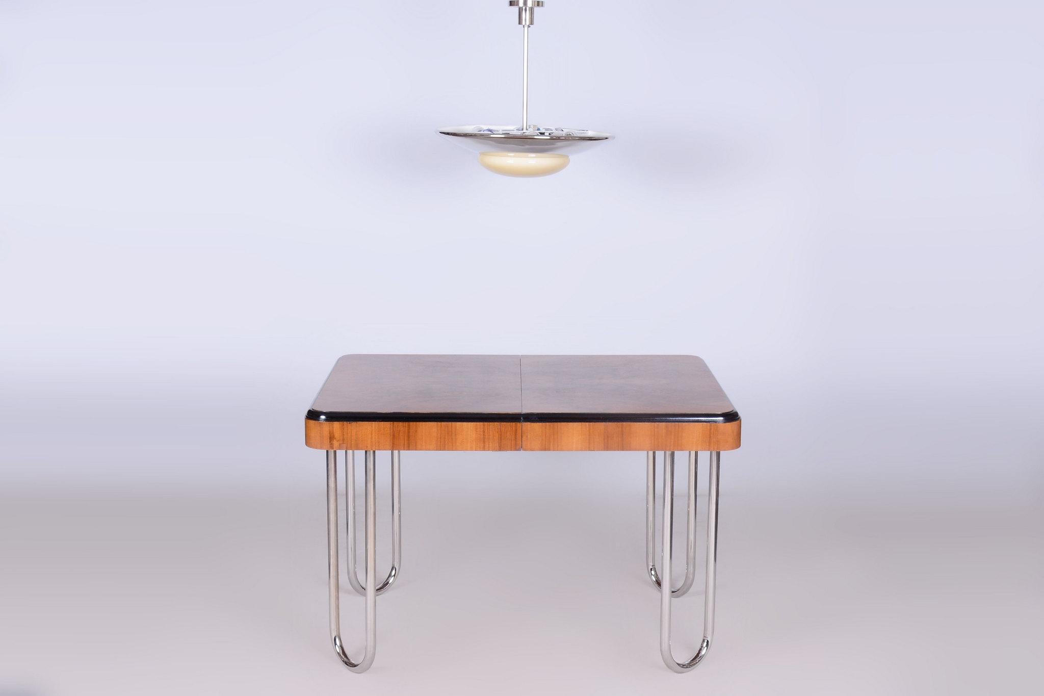 Restored Bauhaus Extendable Dining Table, Walnut Veneer, Chrome, Czech, 1930s 11