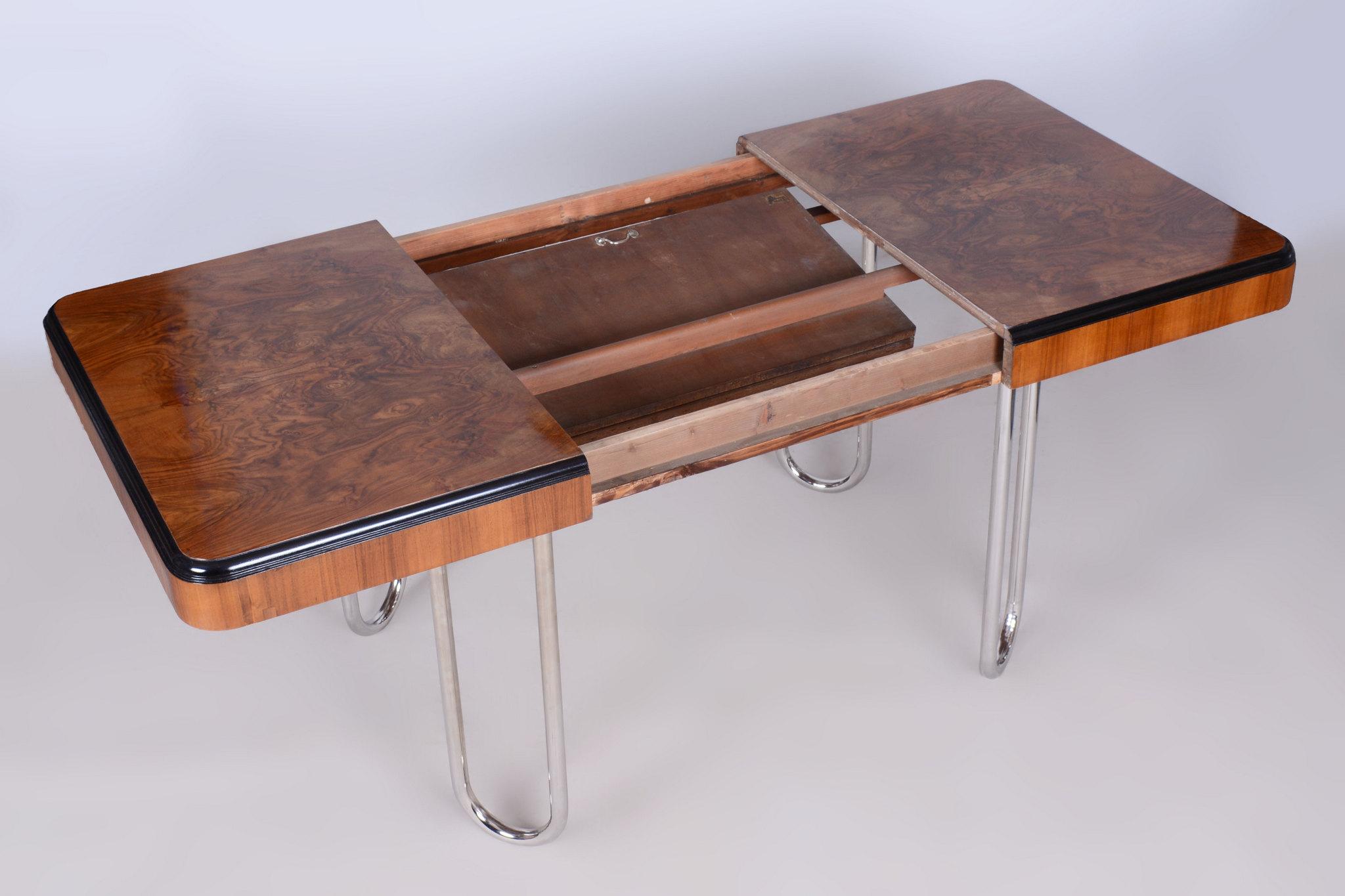 Restored Bauhaus Extendable Dining Table, Walnut Veneer, Chrome, Czech, 1930s 14