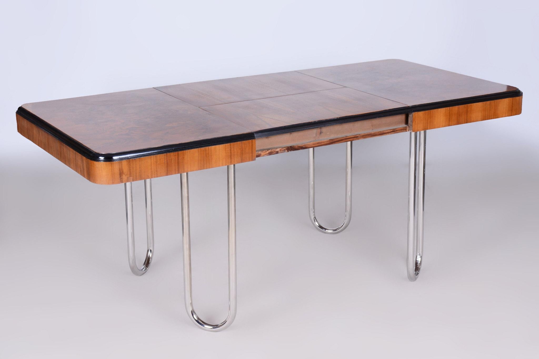 Restored Bauhaus Extendable Dining Table, Walnut Veneer, Chrome, Czech, 1930s 15