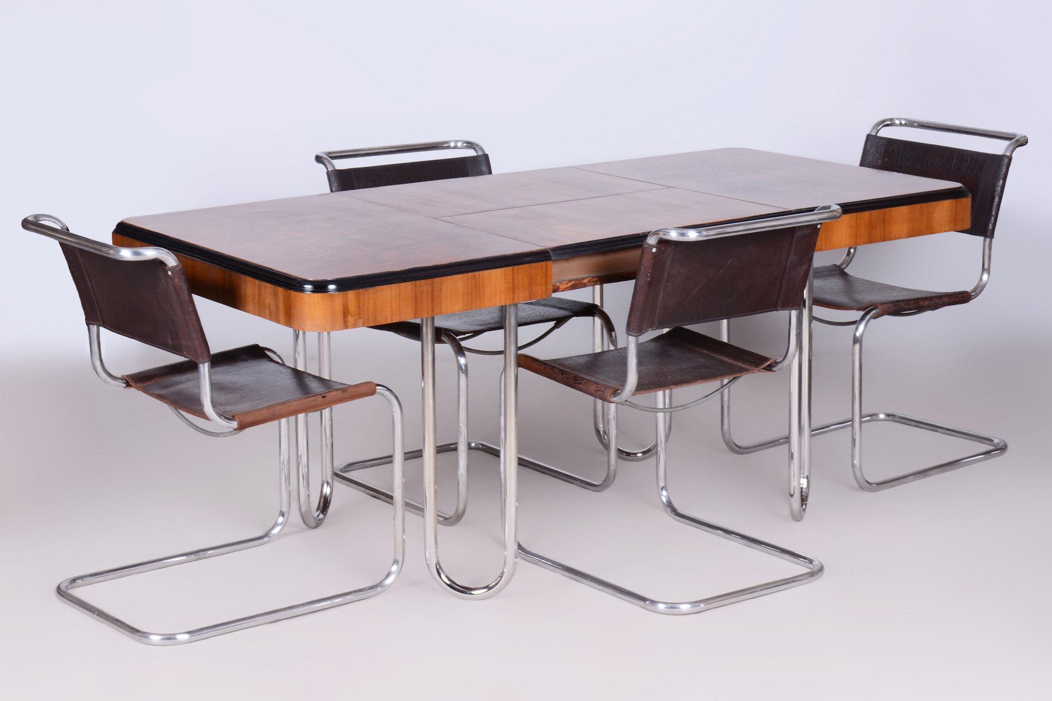 Mid-20th Century Restored Bauhaus Extendable Dining Table, Walnut Veneer, Chrome, Czech, 1930s