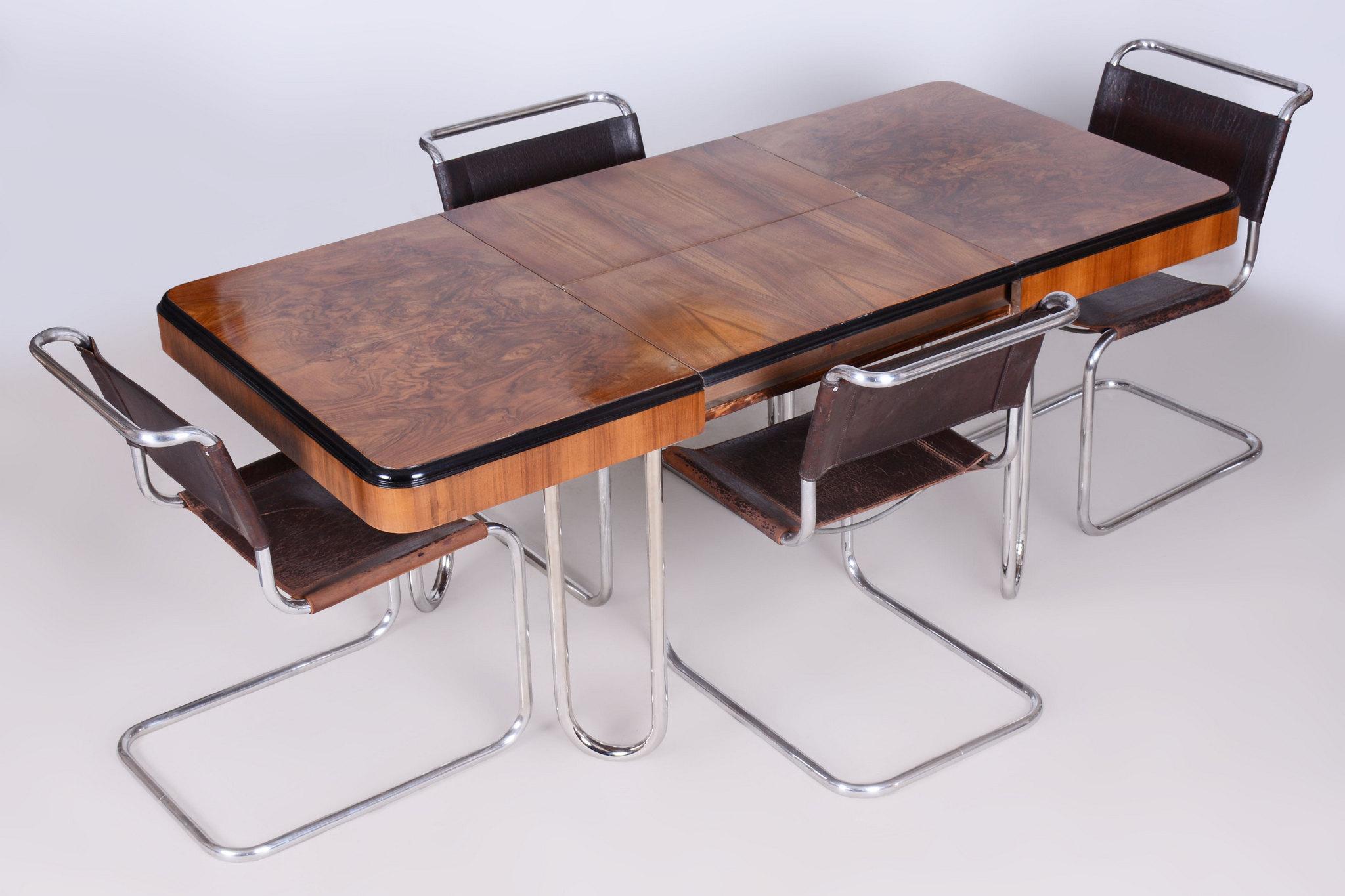 Steel Restored Bauhaus Extendable Dining Table, Walnut Veneer, Chrome, Czech, 1930s