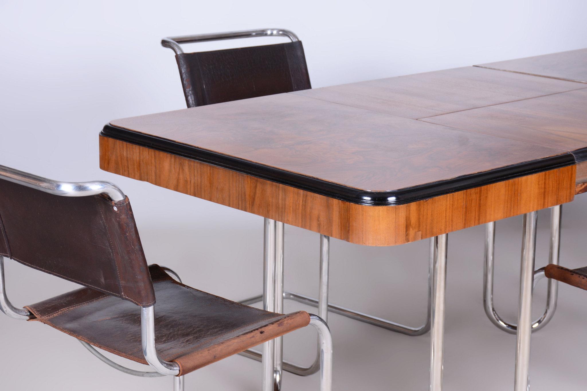 Restored Bauhaus Extendable Dining Table, Walnut Veneer, Chrome, Czech, 1930s 1