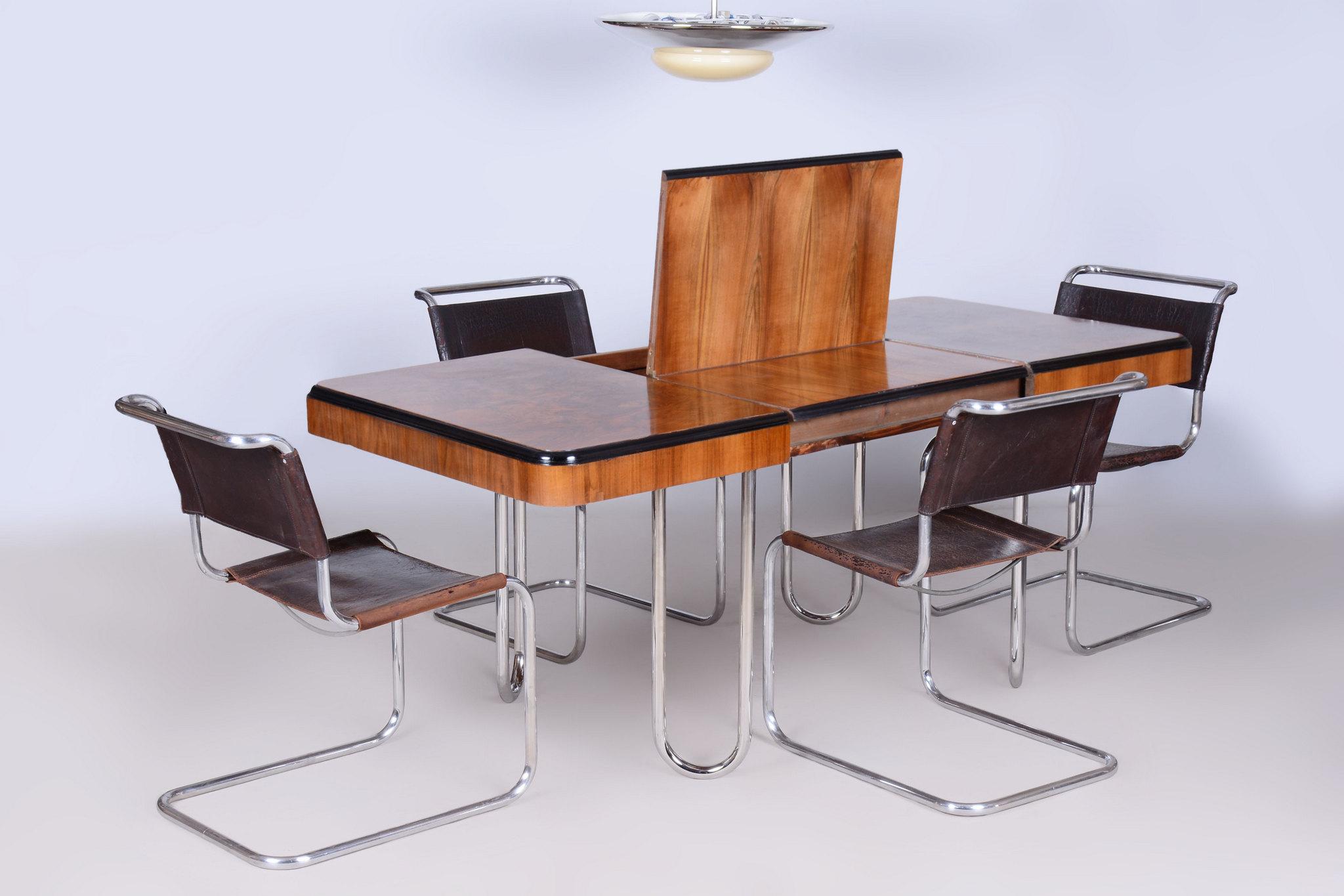 Restored Bauhaus Extendable Dining Table, Walnut Veneer, Chrome, Czech, 1930s 3