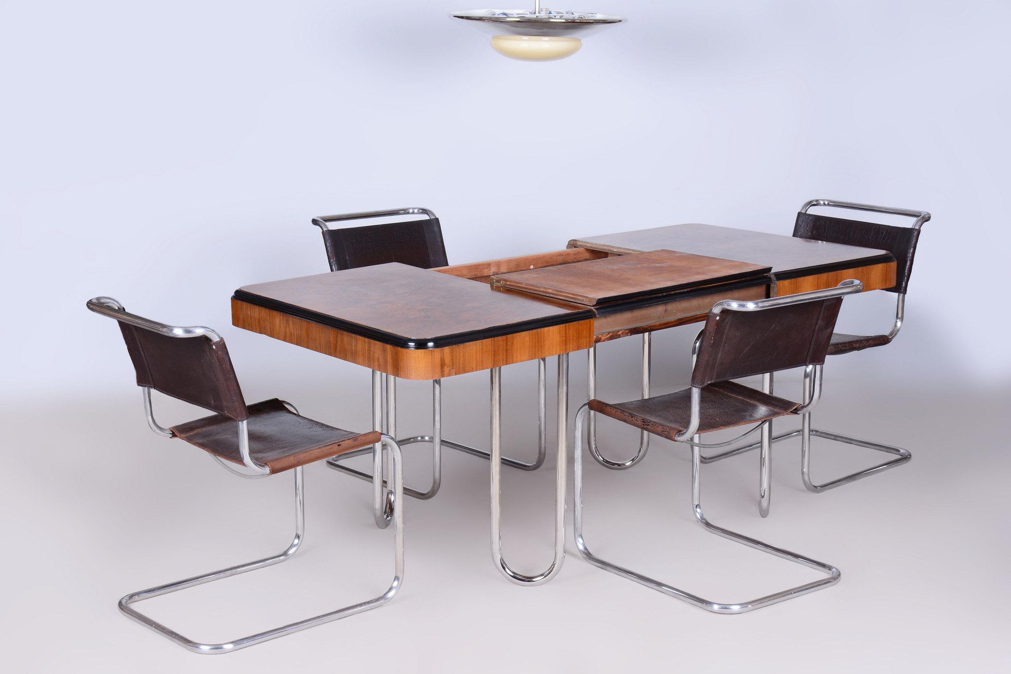 Restored Bauhaus Extendable Dining Table, Walnut Veneer, Chrome, Czech, 1930s 4