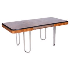 Restored Bauhaus Extendable Dining Table, Walnut Veneer, Chrome, Czech, 1930s