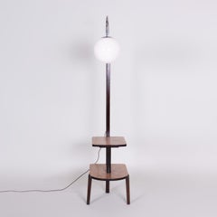 Restored Bauhaus Floor Lamp, by R. Slezák, Oak, Chrome, Czech, 1930s