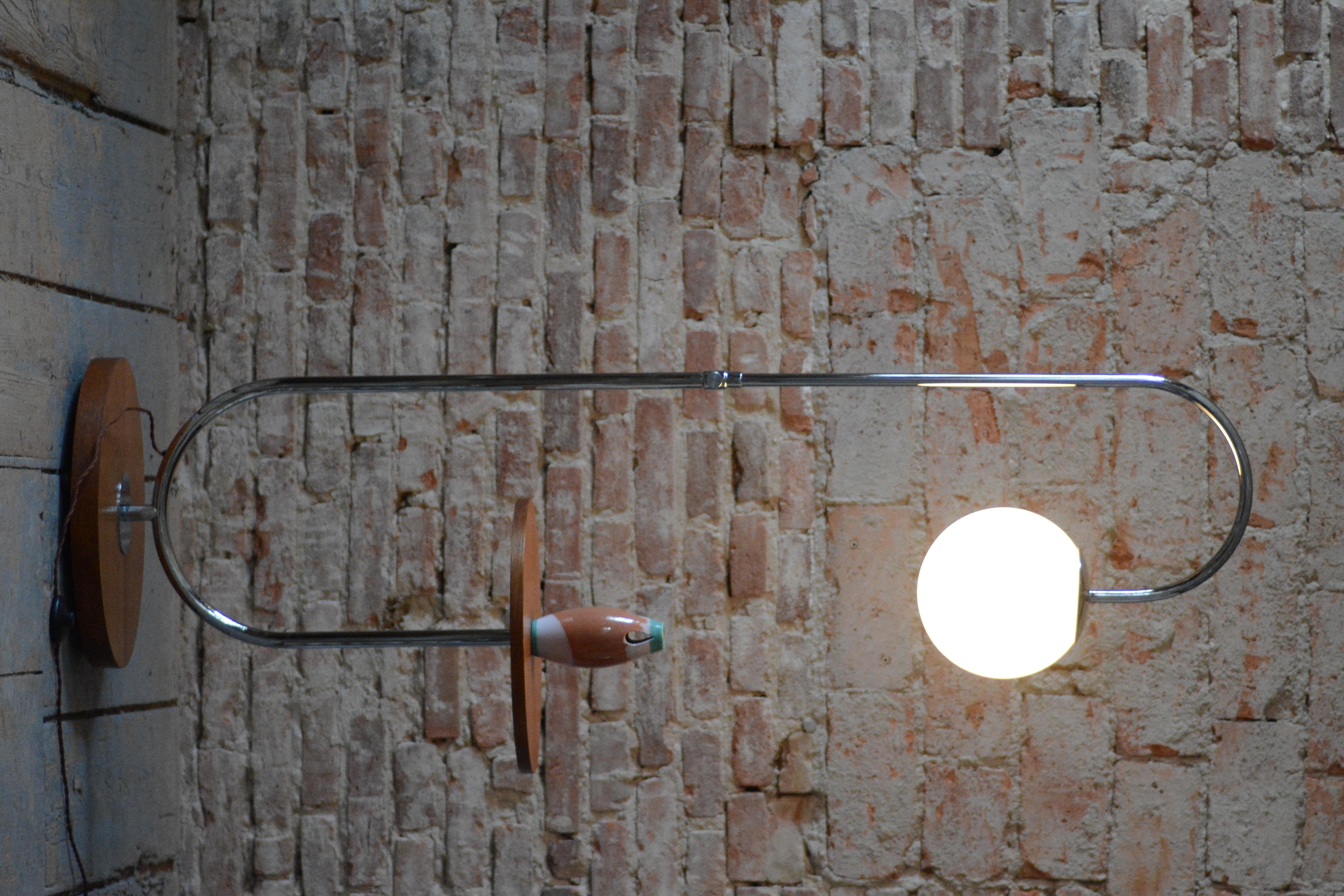Restored Bauhaus Floor Lamp, by Robert Slezak, Oak, Chrome, Glass, Czech, 1930s For Sale 9