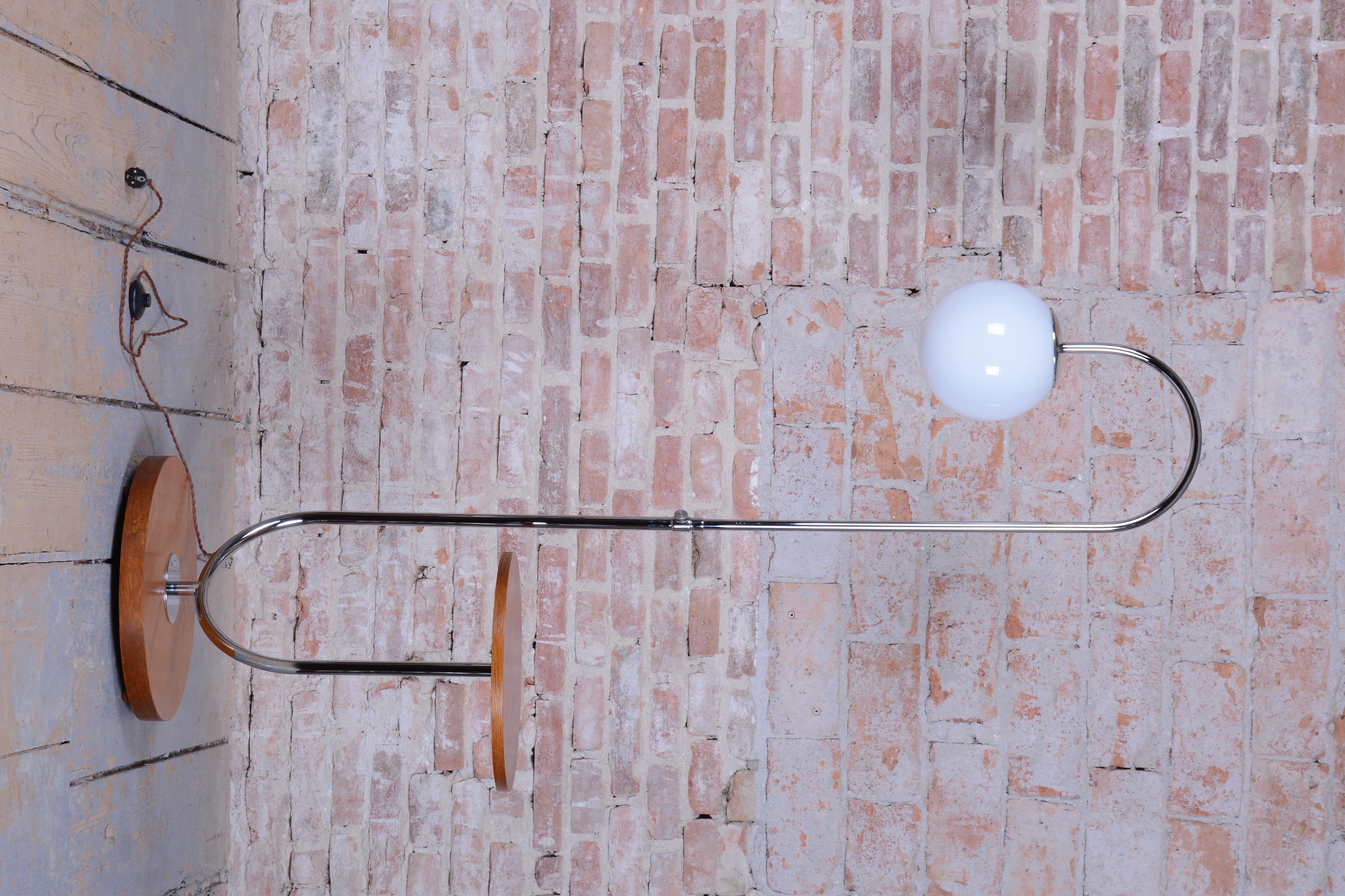 Early 20th Century Restored Bauhaus Floor Lamp, by Robert Slezak, Oak, Chrome, Glass, Czech, 1930s For Sale