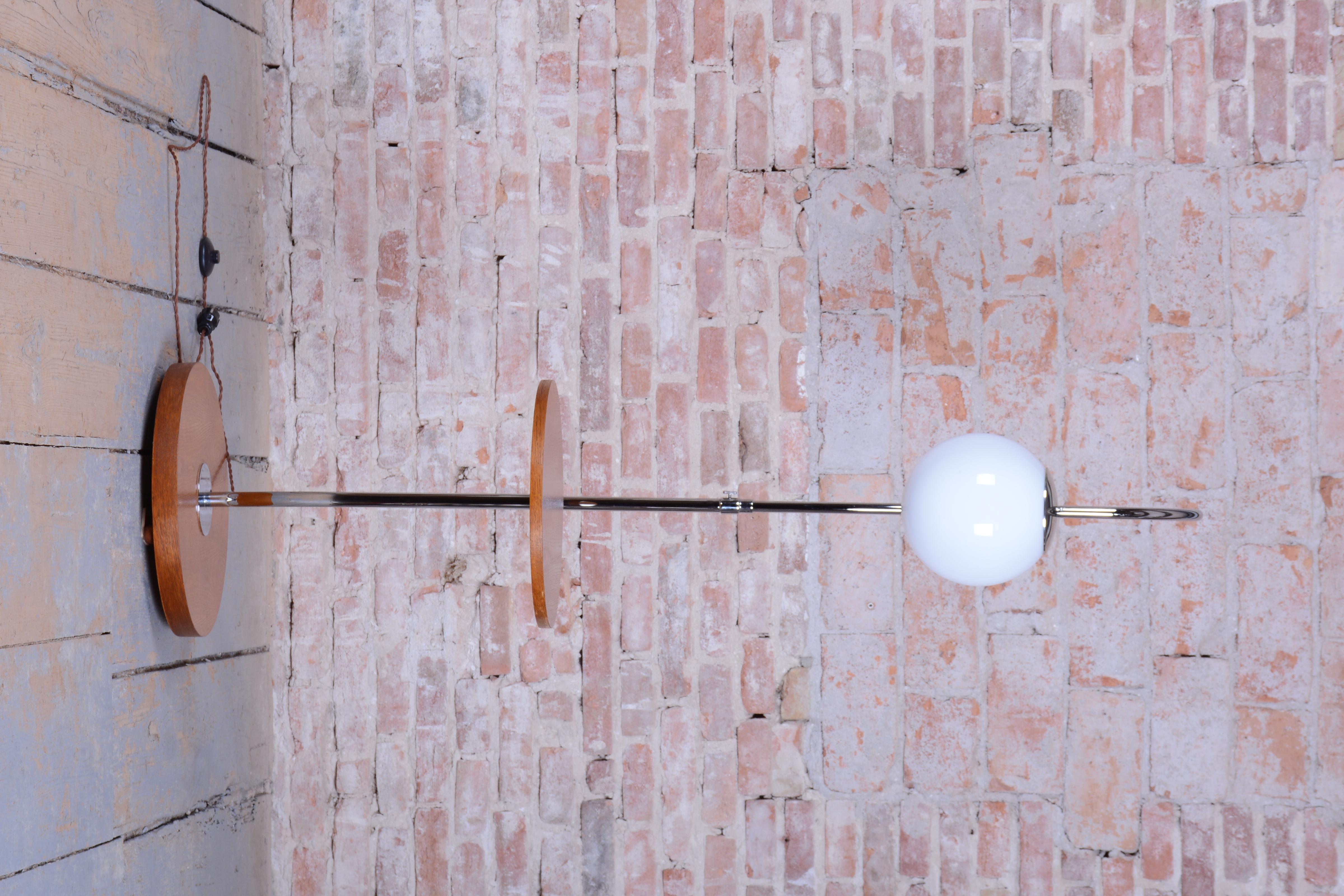 Restored Bauhaus Floor Lamp, by Robert Slezak, Oak, Chrome, Glass, Czech, 1930s For Sale 1