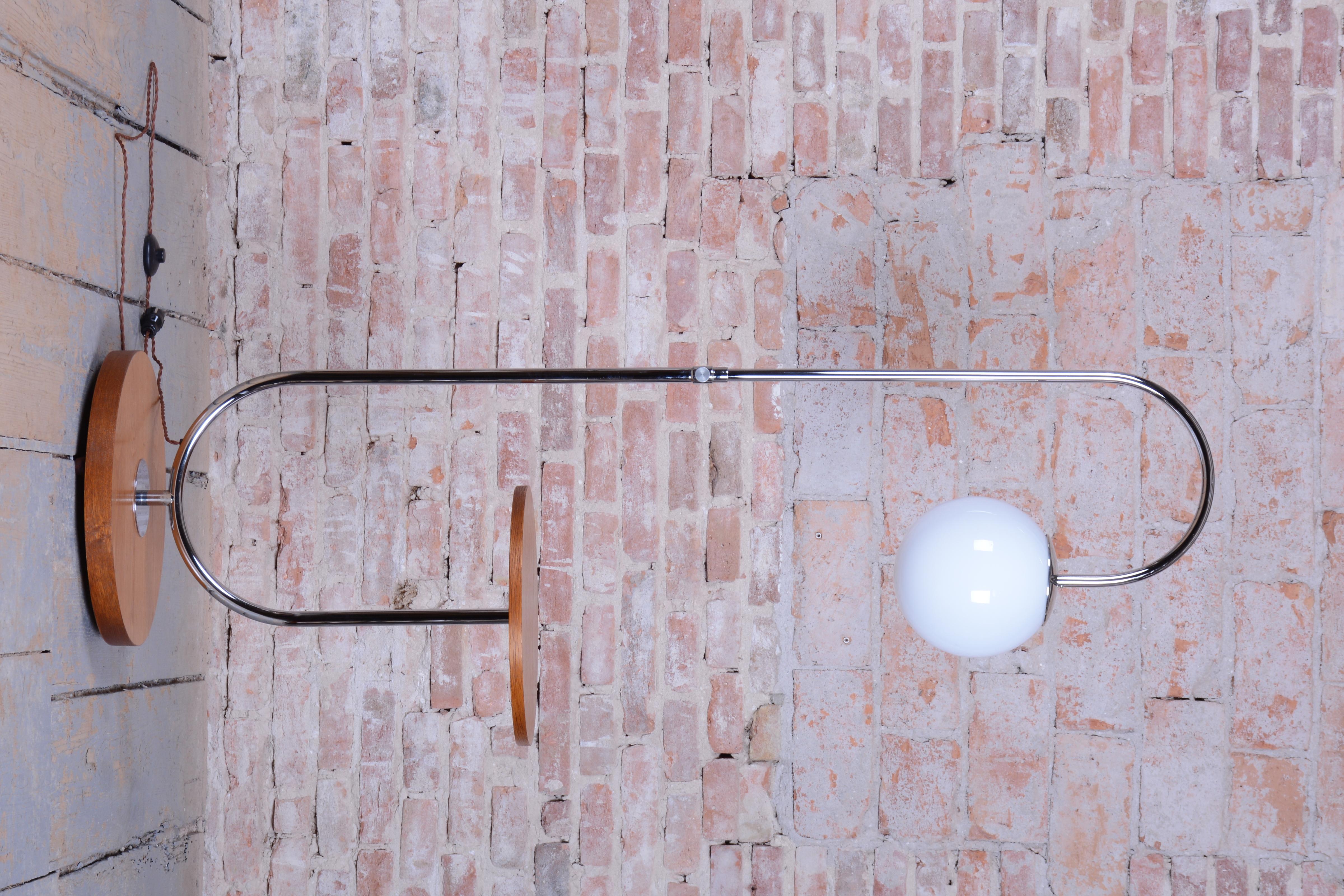 Restored Bauhaus Floor Lamp, by Robert Slezak, Oak, Chrome, Glass, Czech, 1930s For Sale 2